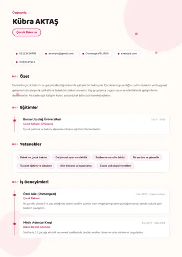 Çocuk Bakıcısı CV Örnekleri cv indir